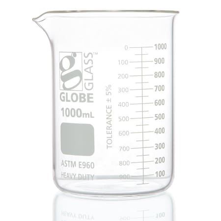 Beaker, Globe Glass, 1000mL, Low Form Griffin Style, Heavy Duty, Dual Graduations, ASTM E960, 6PK